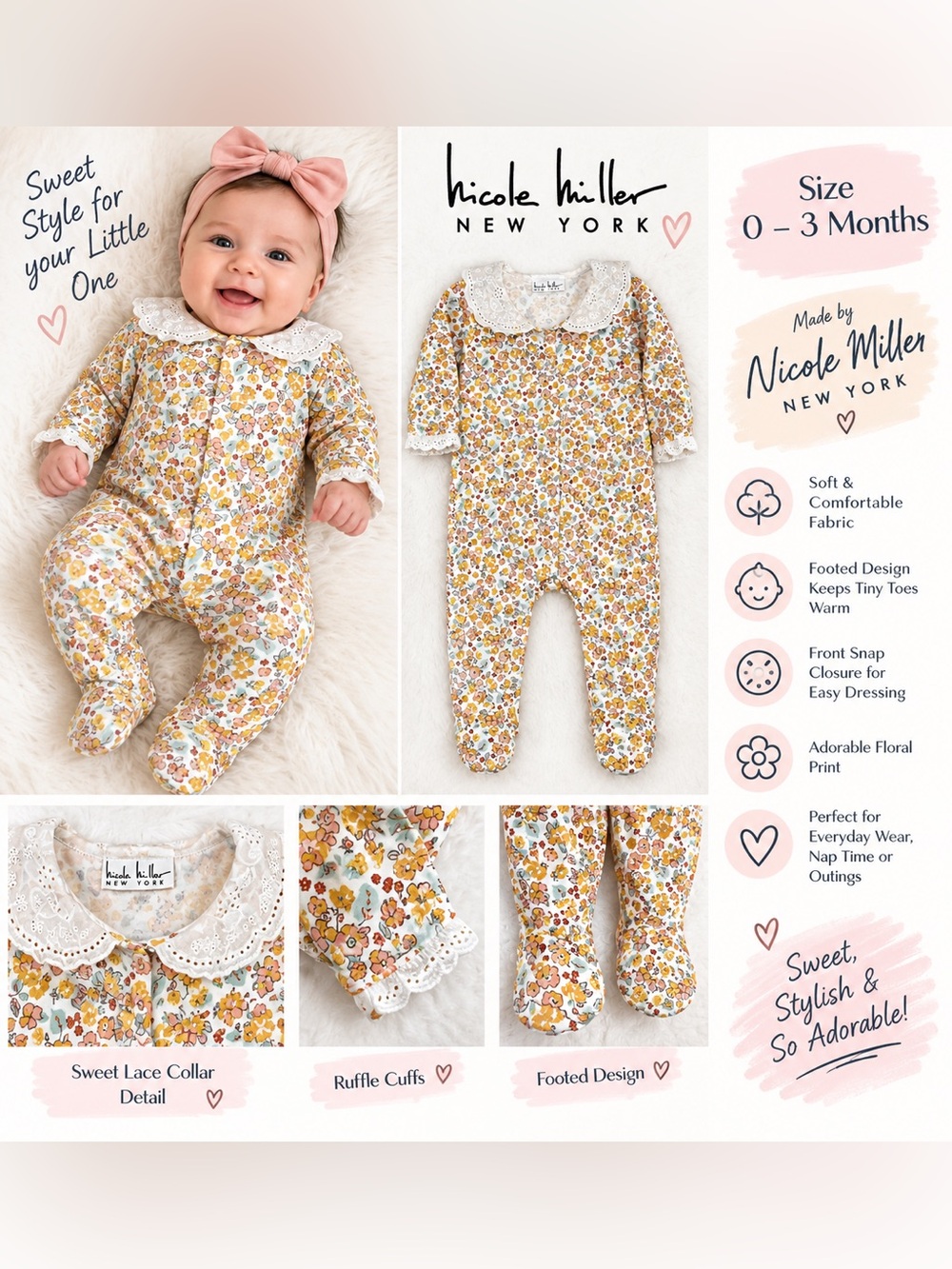 Nicole Miller Baby Girl 0-3M Floral Footed Onesie Eyelet Lace Collar